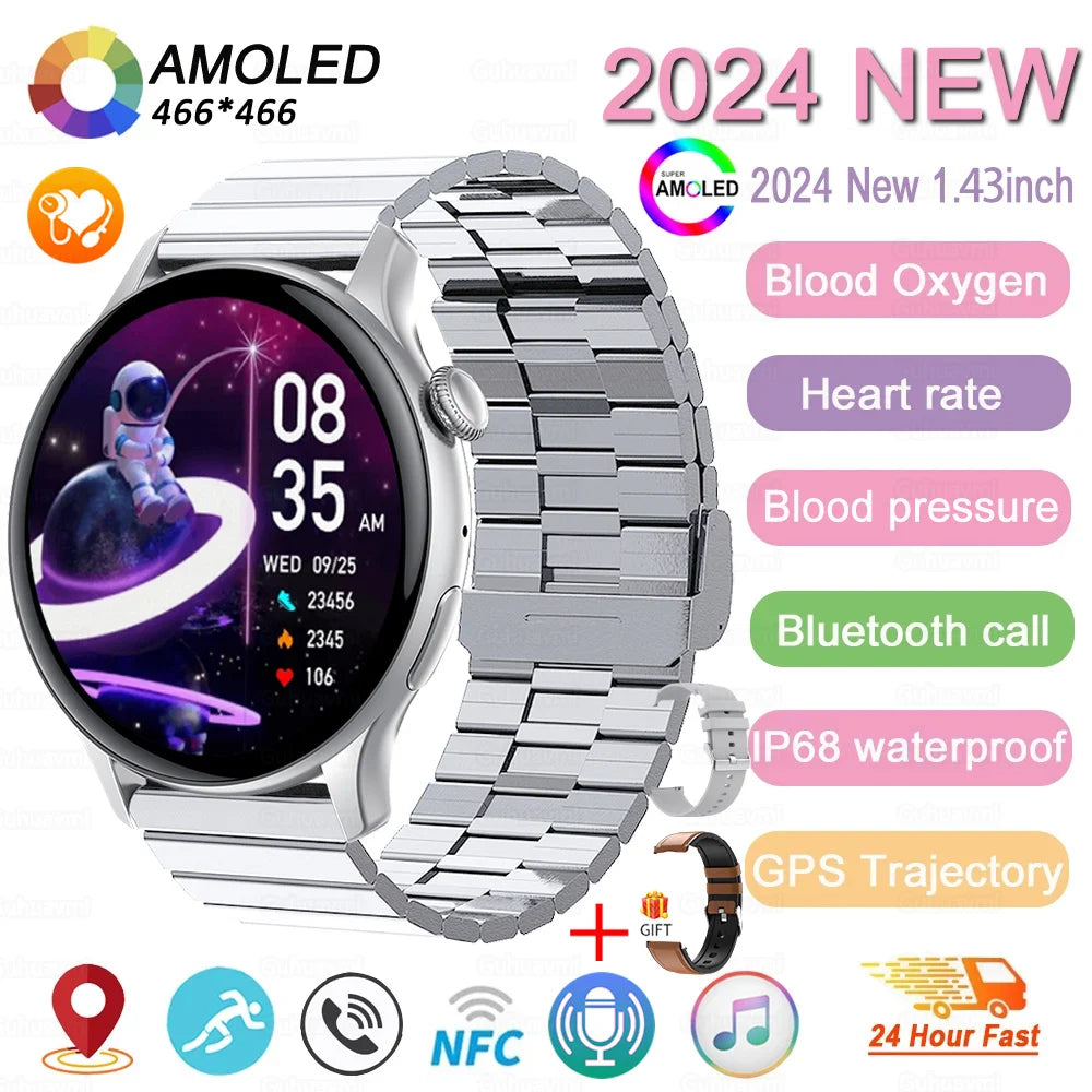 2024 New GPS Smart Watch Women True AMOLED 466*466 HD Screen Health Tracker Sports NFC Voice Bluetooth Call Smartwatches Ladies