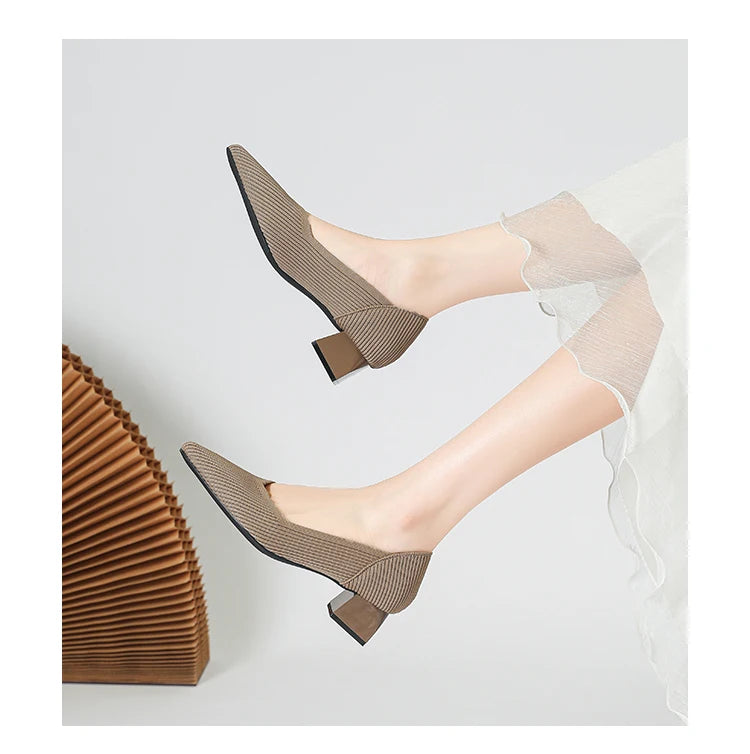 Women's large high-heeled shoes Multicolor pointy knit breathable comfortable anti-skid rubber sole work shoes 2023 new autumn