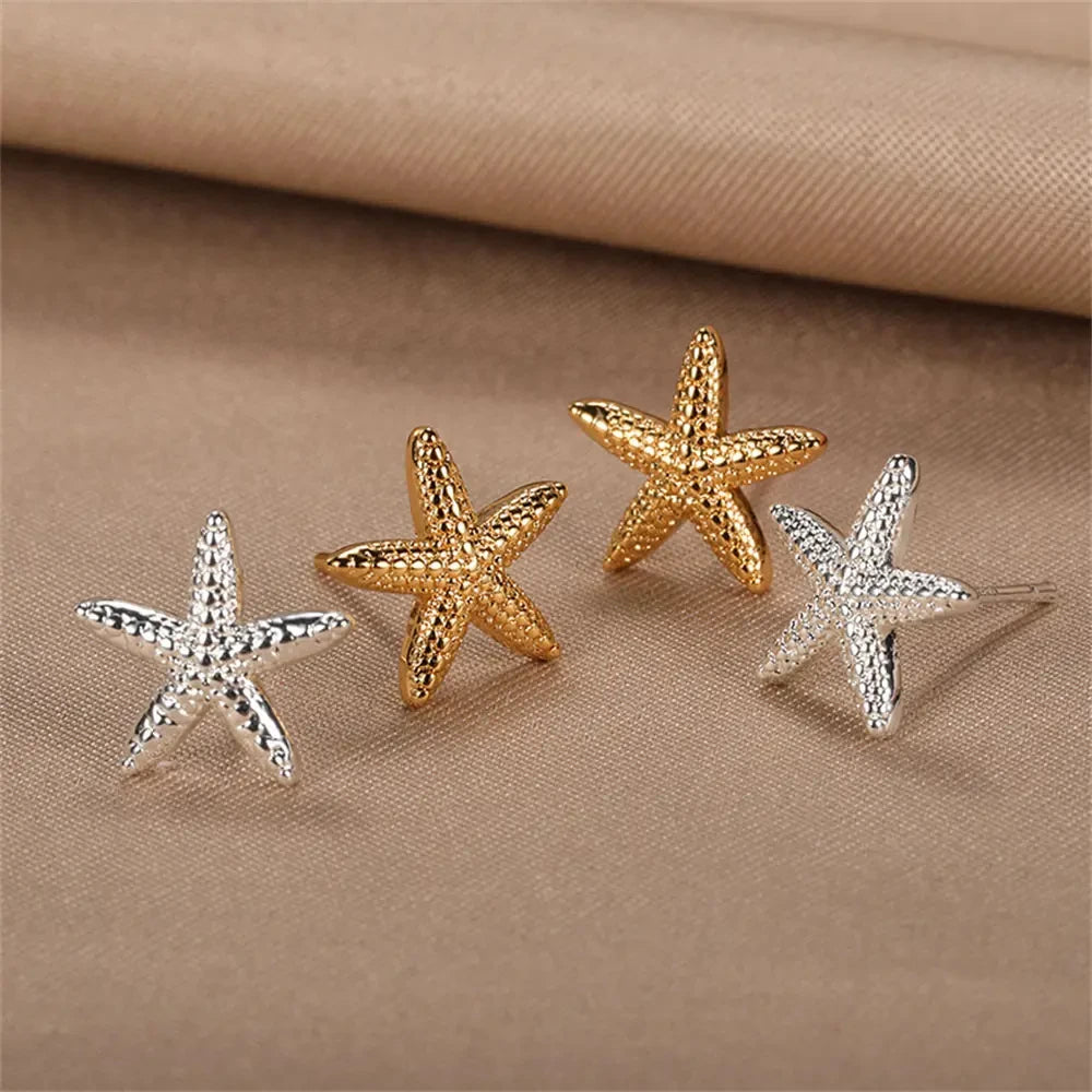 Stainless Steel Starfish Shell Stud Earrings for Women Minimalist Gold Color Aesthetic Wedding Earring Summer Beach Jewelry Gift - Clikcy