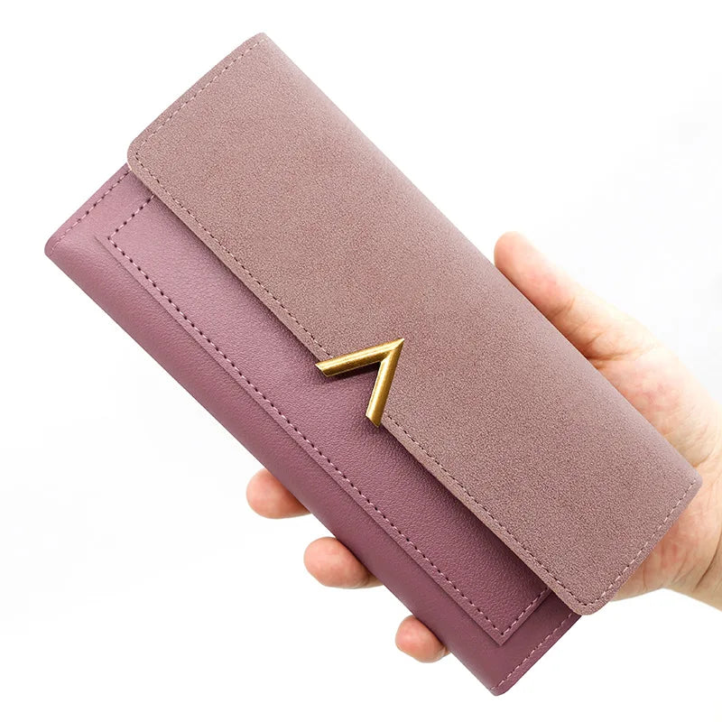 New Korean version women's wallet long V-shaped buckle three fold wallet for women, hand-held bag, change card bag - Clikcy