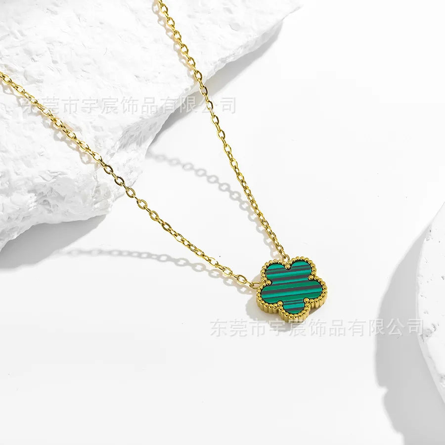 Black Lucky Five Petal Four Leaf Flower Stainless Steel Necklace Gold Plated Clover Jewelry Women Party Wedding Accessories - Clikcy