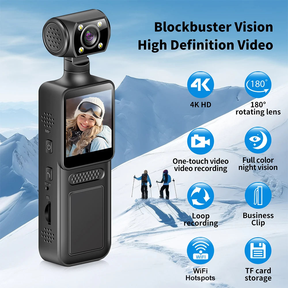 128GB 4K Ultra HD Action Mini Camera 180 Rotatable Vlog Wifi Sports Cam Waterproof Case Helmet Travel Bicycle Driver Recorder - Clikcy