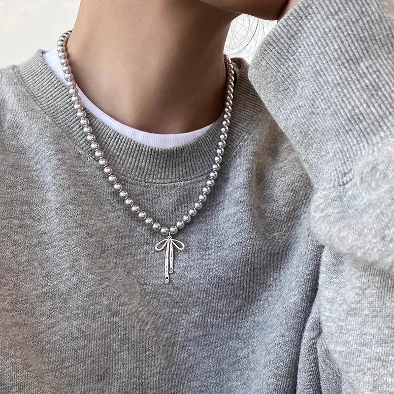 LATS Gray Pearls Bowknot Pendant Necklace for Women Girls Graceful Butterfly Choker Chain Jewelry Gift Accessories - Clikcy