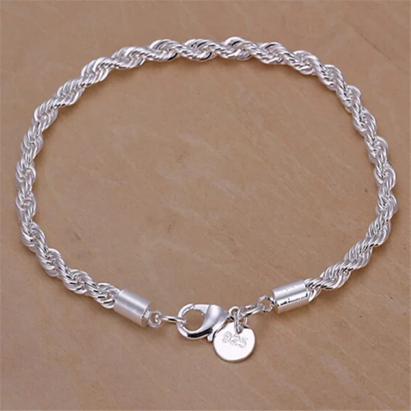New High quality 925 Sterling Silver 4MM Women Men chain Male Twisted Rope Bracelets Fashion Silver Jewelry - Clikcy