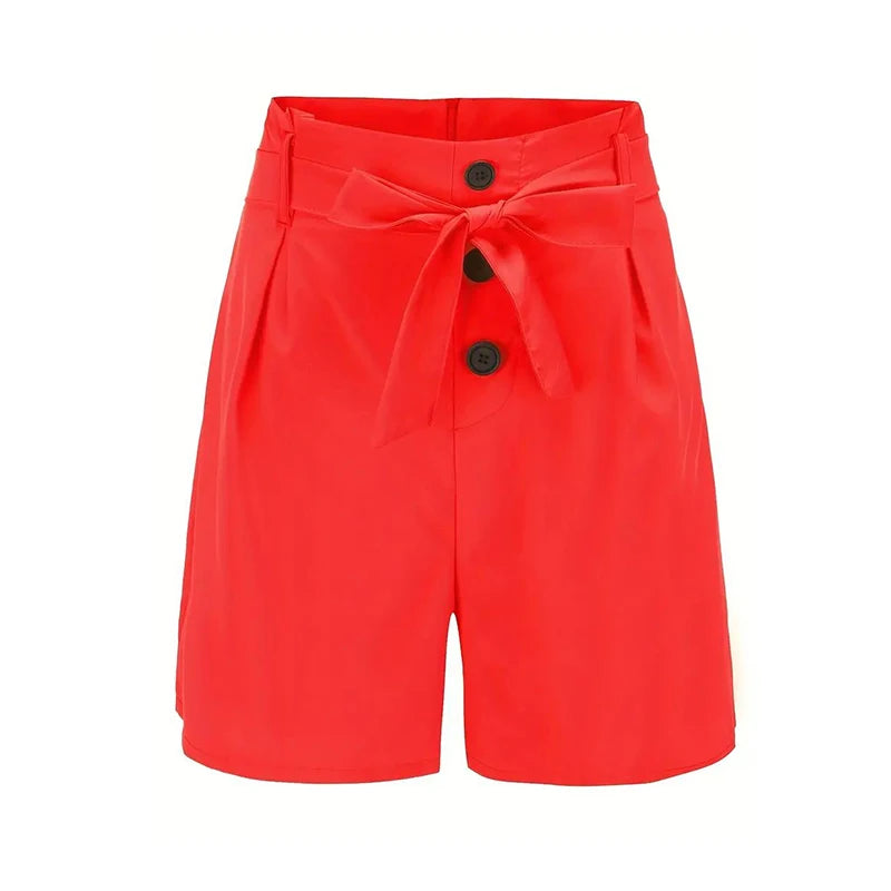 Y2K Solid Button Front Shorts Tie Waist Beach Summer High Waist Shorts Women's Clothing - Clikcy