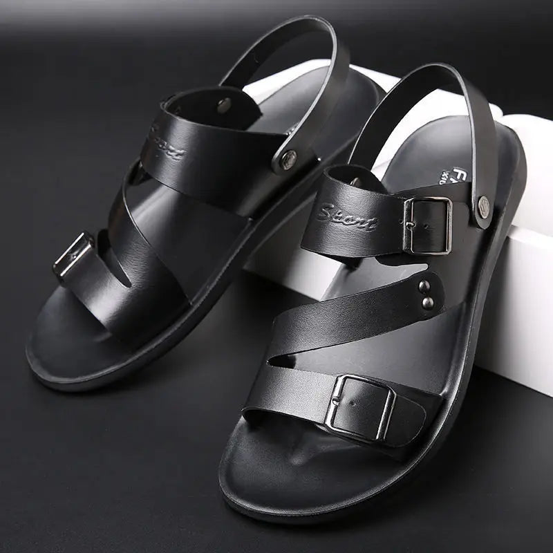 Simple Men's Sandals Solid Color PU Leather Men's Summer Shoes Casual Comfortable Open Toe Sandals Soft Beach Shoes Men's Sandal - Clikcy