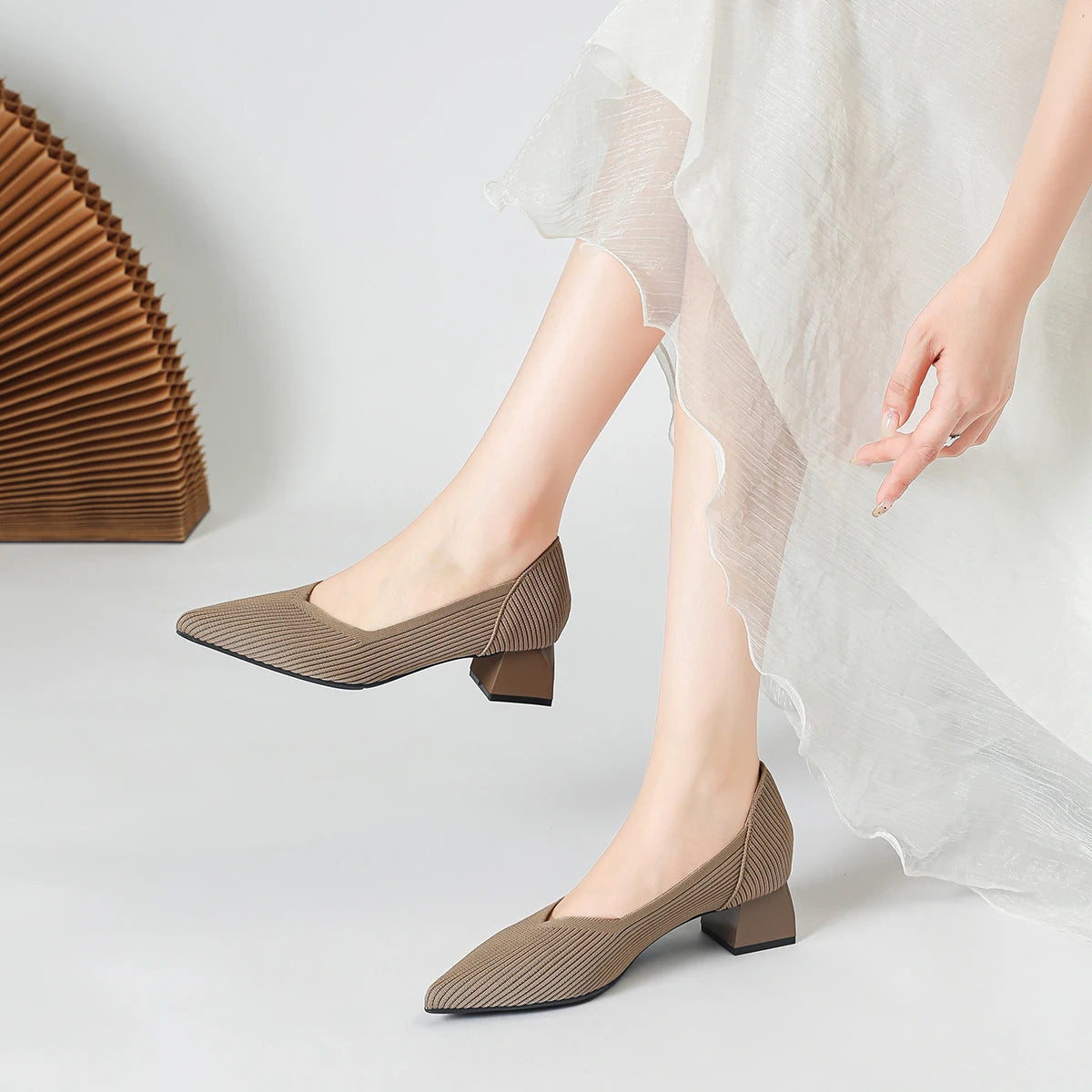 Women's large high-heeled shoes Multicolor pointy knit breathable comfortable anti-skid rubber sole work shoes 2023 new autumn - Clikcy