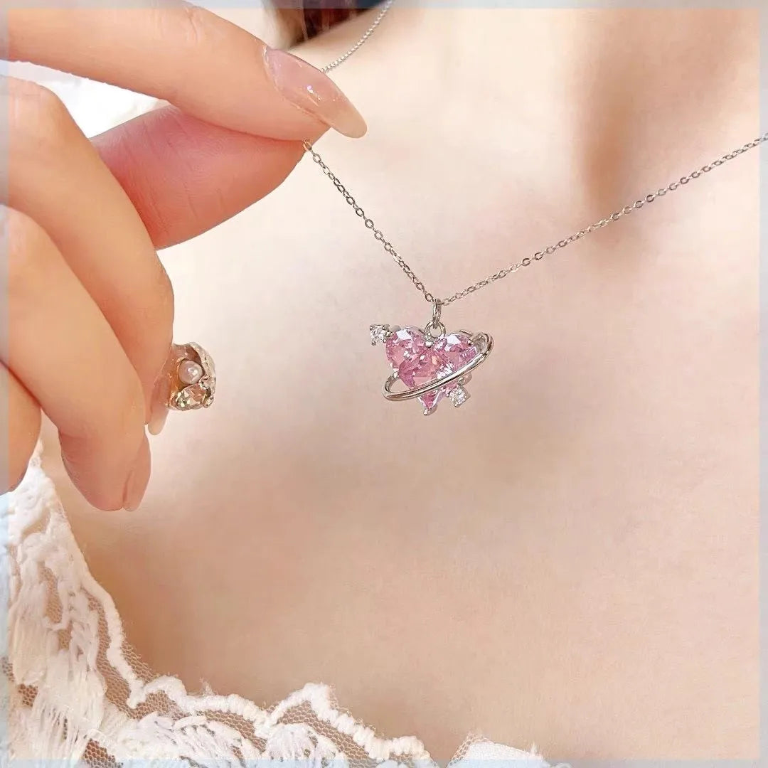 Y2K Pink Planet Heart Zircon Pendant Necklaces Women Fashion Aesthetic Clavicle Chain Necklace Valentines Day Gift Party Jewelry - Clikcy