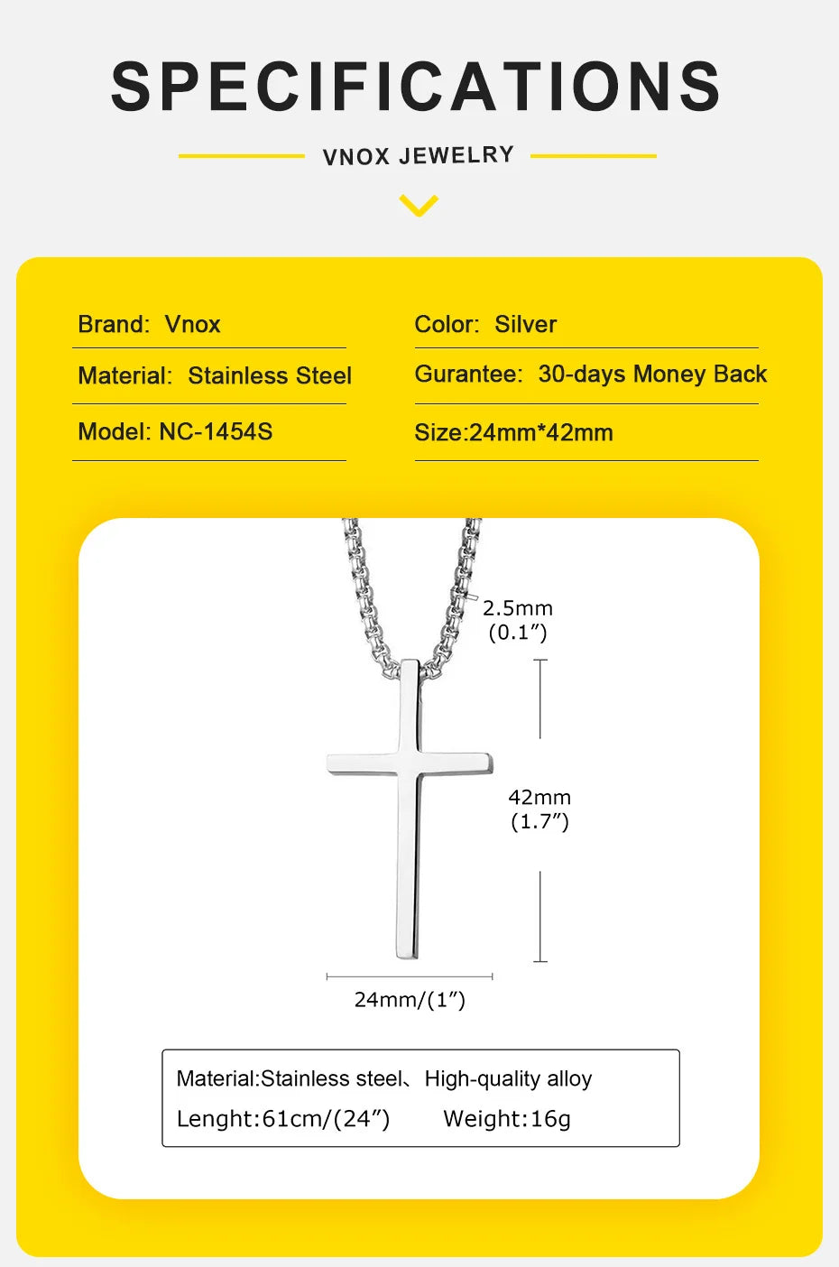 Vnox Cross Necklace for Men Women, Silver Color Plain Cross Pendant Collar with Stainless Steel Box Chain - Clikcy