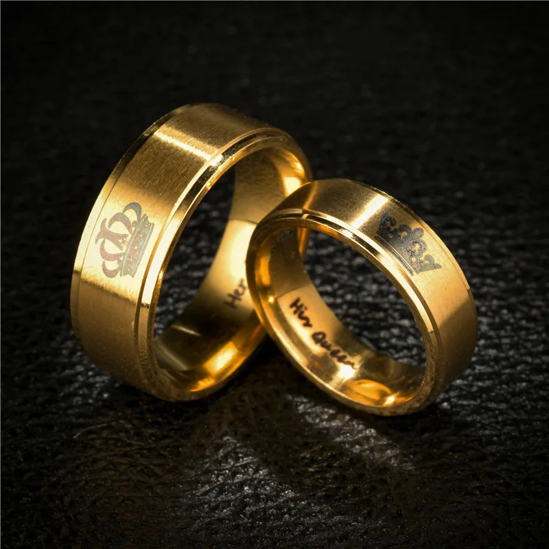 Gold Colour King Queen Crown Stainless Steel Couple Rings for Lovers Promise Men Women Valentine's Day Gifts - Clikcy