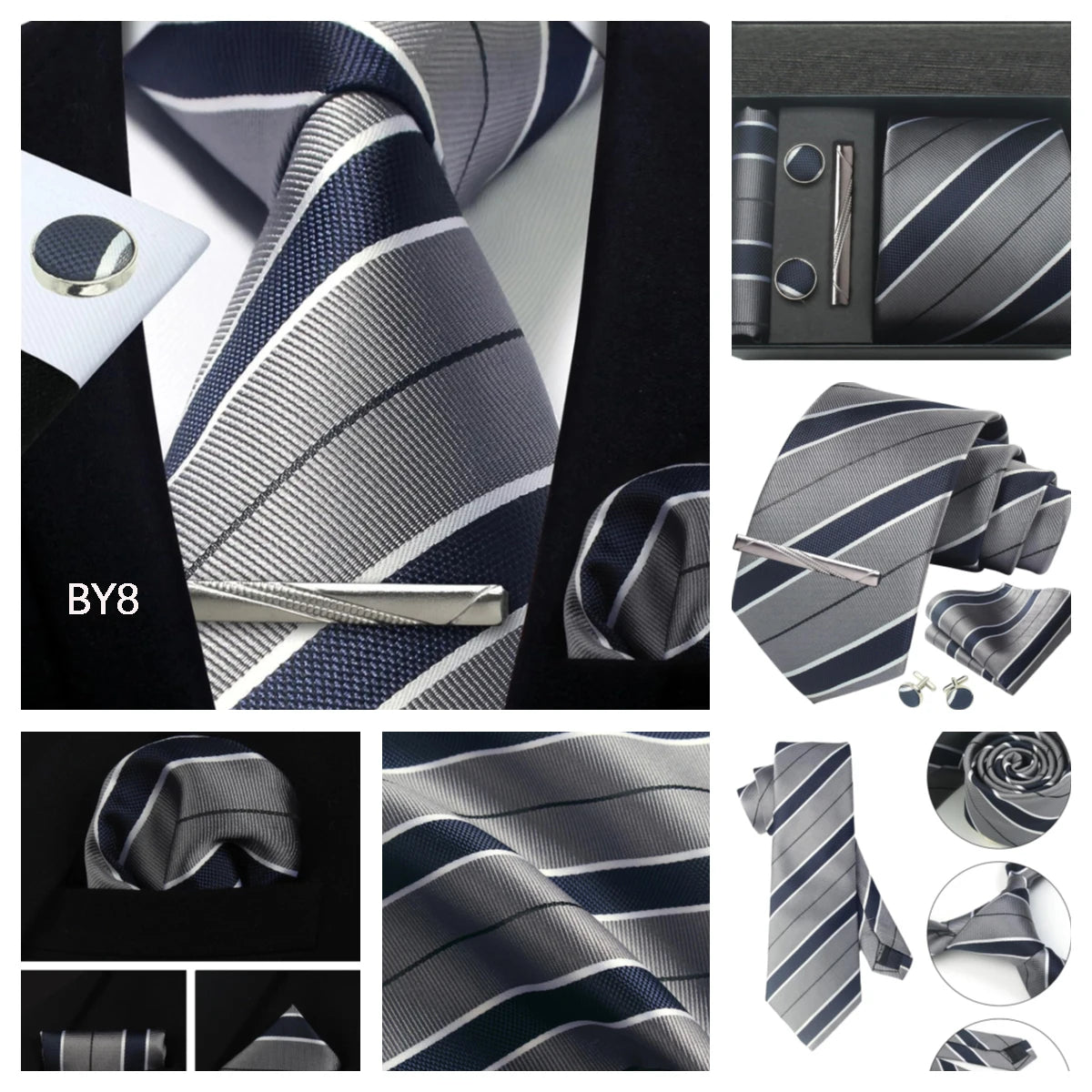 Classic 100% Silk Men's Ties In Gift box 8cm Plaid Dot Striped Business Necktie Handkerchief Cufflinks Wedding Party Tie Set