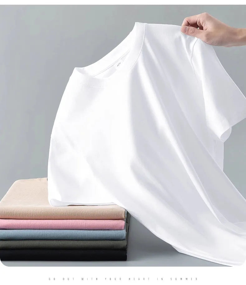Heavyweight round neck pure cotton short sleeved t-shirt loose solid color white t men's and women's bottom shirt solid color - Clikcy