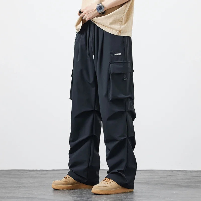 New Plus Size 8XL Men Casual Straight Pants Trousers Ice Silk Fashion Hip Hop Sweatpants Outdoor Stand Pocket Cargo Pants Y2K - Clikcy