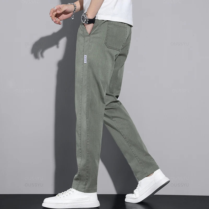 New Spring Summer Cotton Men's Casual Pants Classic Drawstring Elastic Waist Thin Stretch Blue Jogging Work Cargo Trousers Male - Clikcy
