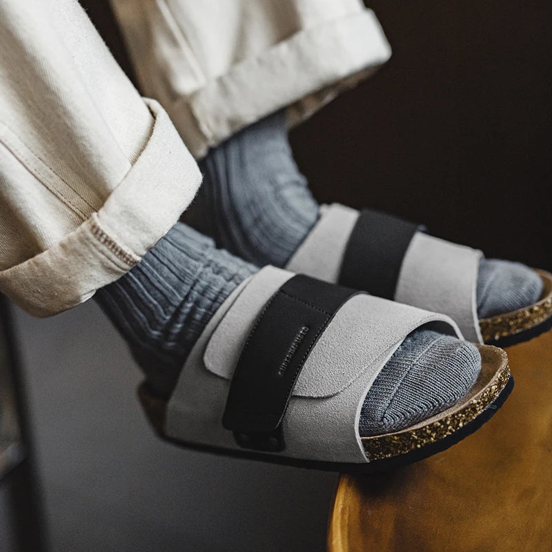 Maden New Casual Color-Block Mules Men's Summer Cork Sole Slide-On Sandals with Hook and Loop Closure Breathable Outdoor Shoes - Clikcy