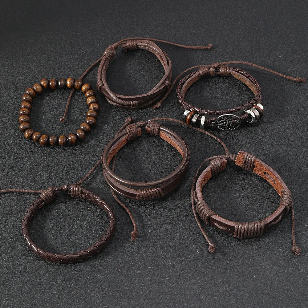Red 6 Pc/set Tree Black Wrap Woven Handmade Wood Beads Bracelets Male Women Leather Bracelets Men Bangle Wholesale Jewelry Gift - Clikcy