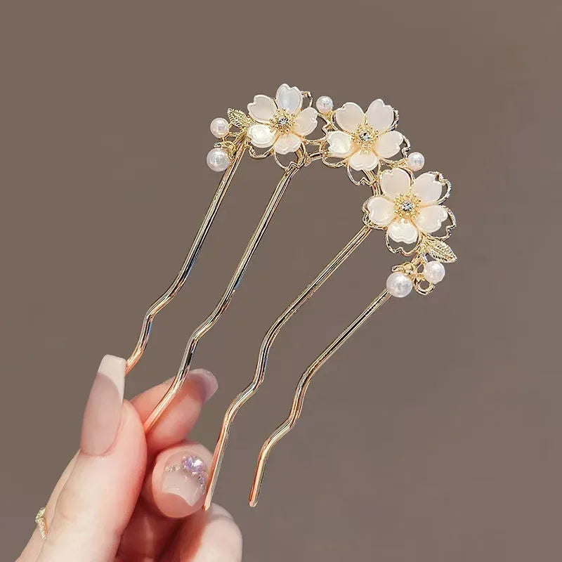 Pearl Flower Wavy Hair Combs for Women Elegant Forest Style U-shaped Hairpin High-end Metal Bun Head Hair Clasp - Clikcy