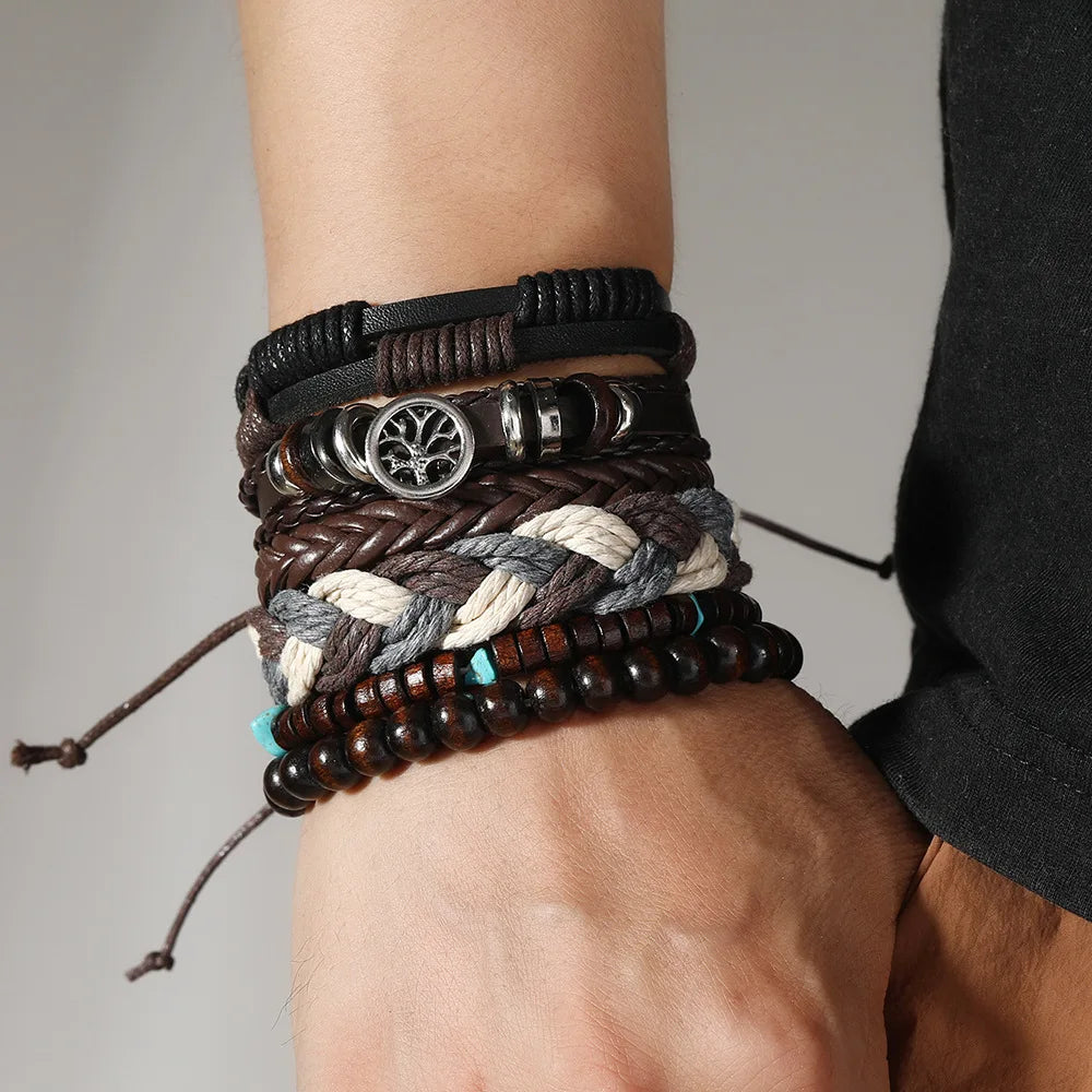 Red 6 Pc/set Tree Black Wrap Woven Handmade Wood Beads Bracelets Male Women Leather Bracelets Men Bangle Wholesale Jewelry Gift - Clikcy