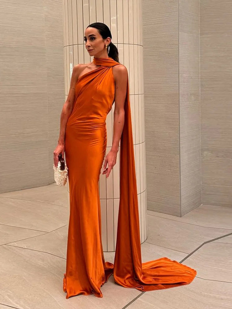 Sexy Satin Ribbon Party Dress Women Elegant Halter Backless Off Shoulder Sleeveless Female Dresses 2024 Summer Solid Robe Gown - Clikcy