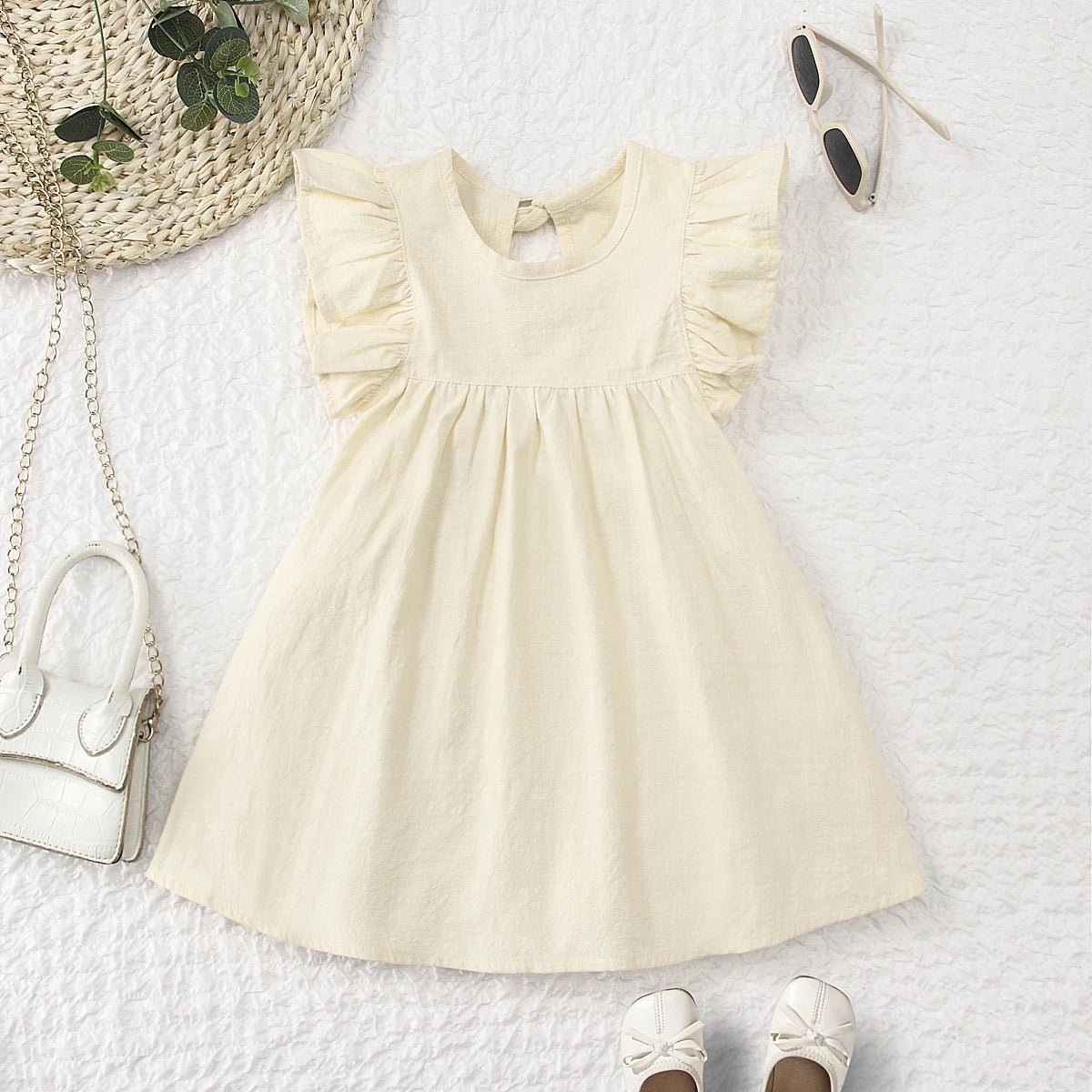 Toddler girls dresses kid's summer wear Pure color puffy sleeves girl dress back collar tie princess dress - Clikcy