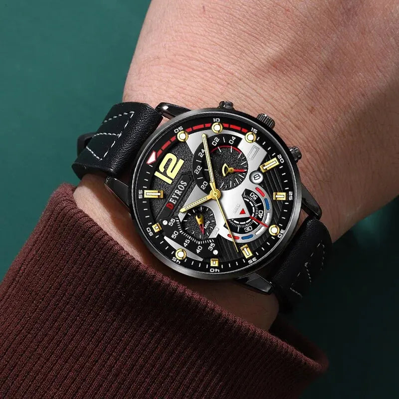 3PCS Set Fashion Mens Watches Luxury Black Leather Quartz Wristwatch Calendar Date Men Business Casual Watch Bracelet Necklace - Clikcy