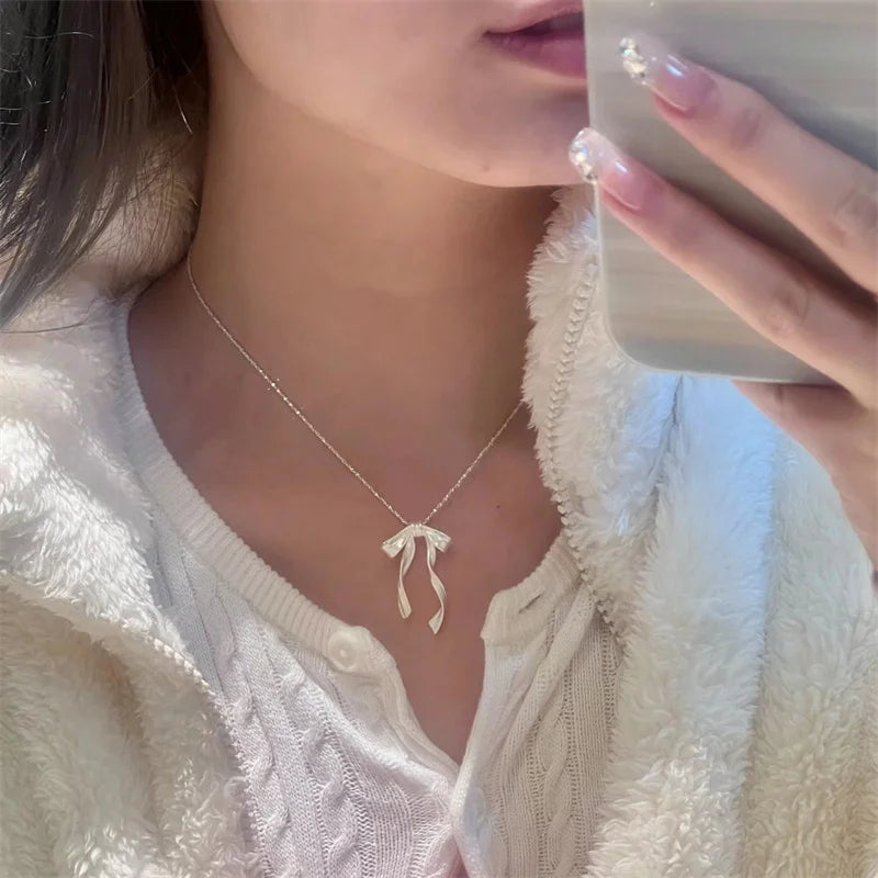 Exquisite Clavicle Chain Elegant Scrub Bow Pendant Necklace For Women Girls Temperament Collar Chain Korean Student - Clikcy