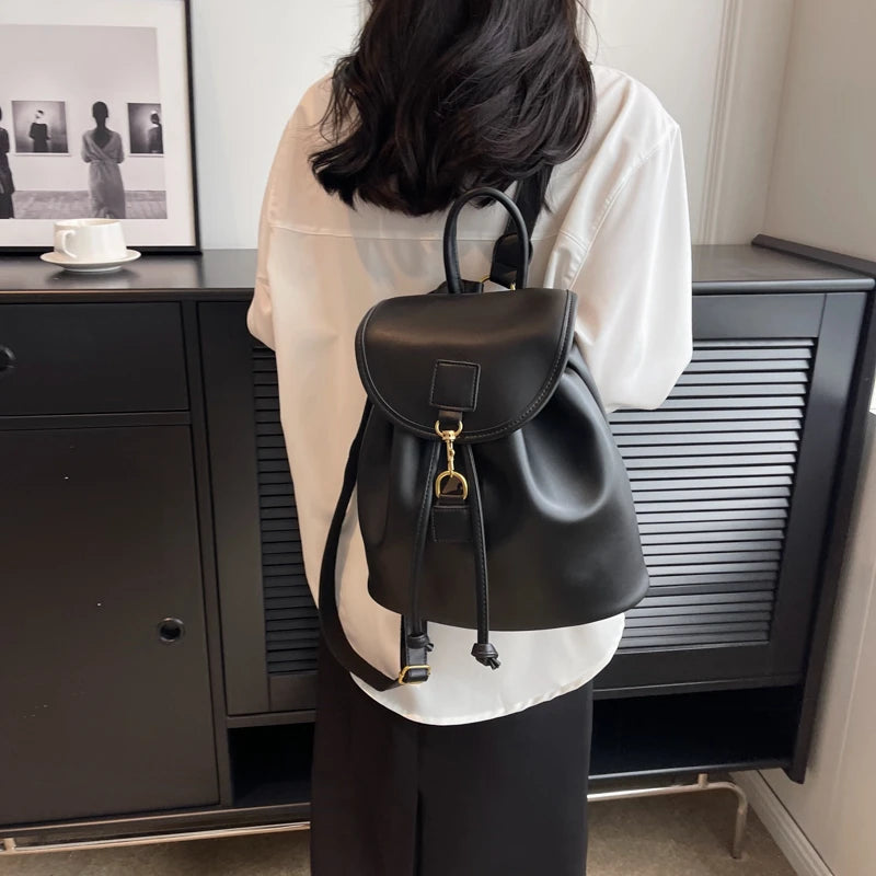 Genuine PU Leather Backpack Female Large Capacity Casual School Bag Solid Drawstring Travel Shoulder Bag Korean Fashion Backpack - Clikcy
