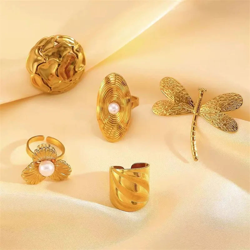 EILIECK  316L Stainless Steel New Design Dragonfly Ring Jewelry Women 18 K Plated Metal Texture Gold Color Ring Accessories - Clikcy