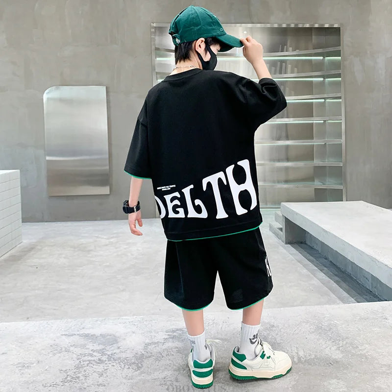 Children Summer Clothing Set For Boys Letter Print Sport Suit Kids Teenager Cotton Outfits Casual Short Sleeve Tracksuit Costume - Clikcy