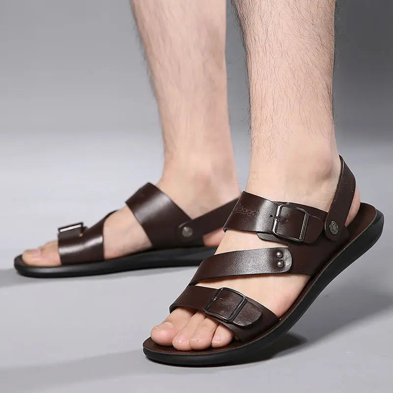 Simple Men's Sandals Solid Color PU Leather Men's Summer Shoes Casual Comfortable Open Toe Sandals Soft Beach Shoes Men's Sandal - Clikcy