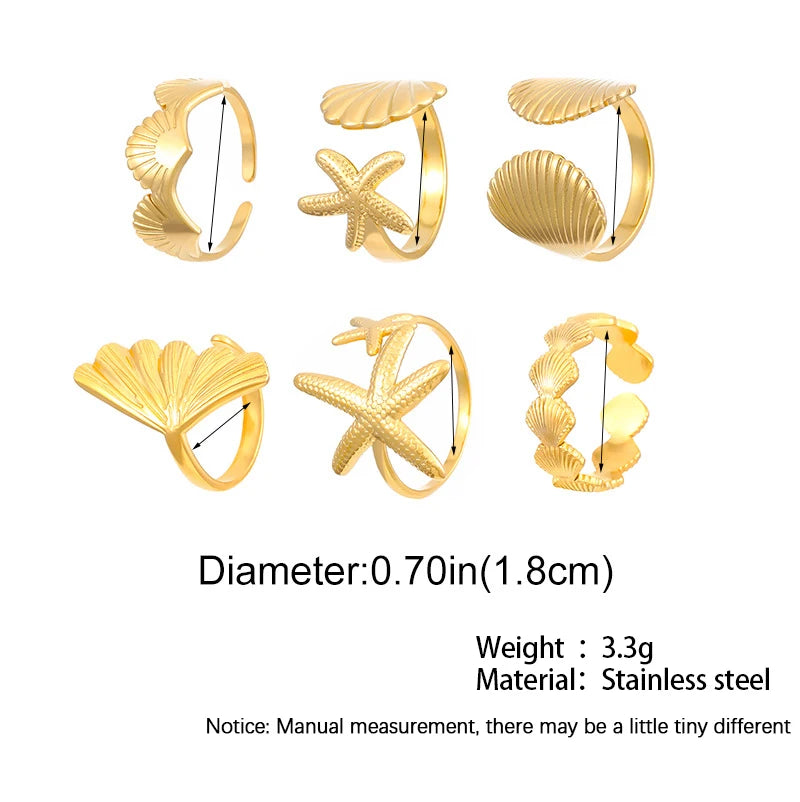 MHS.SUN Ocean Style Stainless Steel Starfish Shell Rings For Women Girl Vintage Gold Plated Open Ring Summer Beach Jewelry - Clikcy