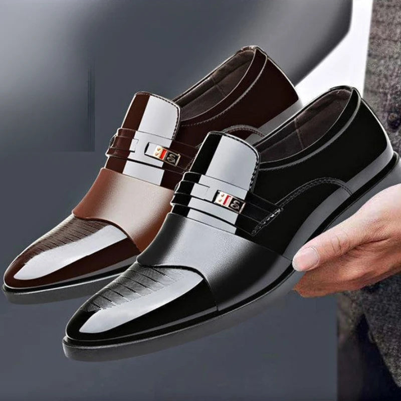 Fashion Black PU Leather Shoes Slip on Formal Men Shoes Plus Size Point Toe Wedding Shoes for Male Elegant Business Casual Shoes