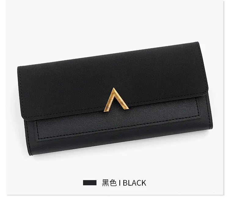 New Korean version women's wallet long V-shaped buckle three fold wallet for women, hand-held bag, change card bag - Clikcy