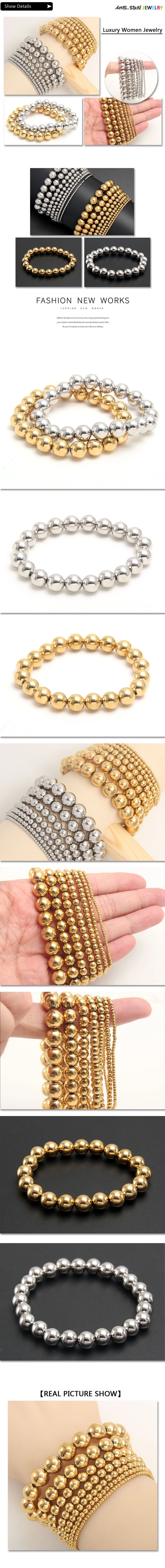 MHS.SUN Trend Stretch Stainless Steel Bracelets Gold Sliver Color 2MM 5MM 8MM Stacked Ball Beaded Bracelet For Women Men Jewelry - Clikcy