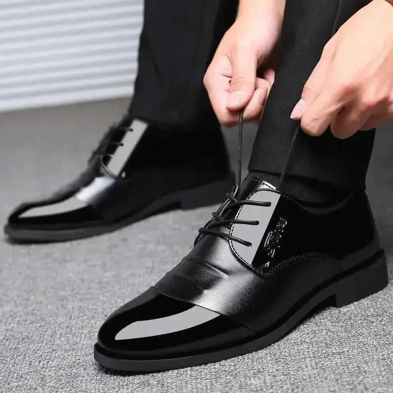 Men's Leather Shoes Black Pointed Shiny Business Formal Shoes Men Lace-up for Work Office Elegant Men's Social Shoes Zapatillas