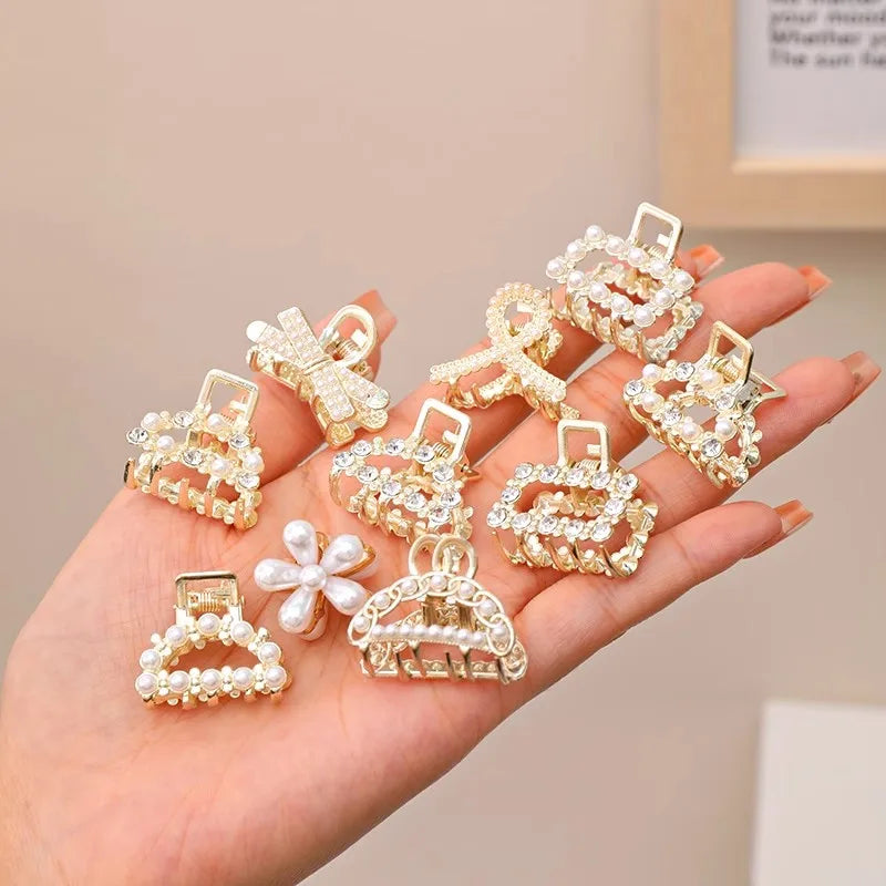 6/8/10PCS/Set Small Rhinestone Pearls Geometric Metal Hair Claws For Women Girls Sweet Mini Hair Clips Hairpins Hair Accessories - Clikcy
