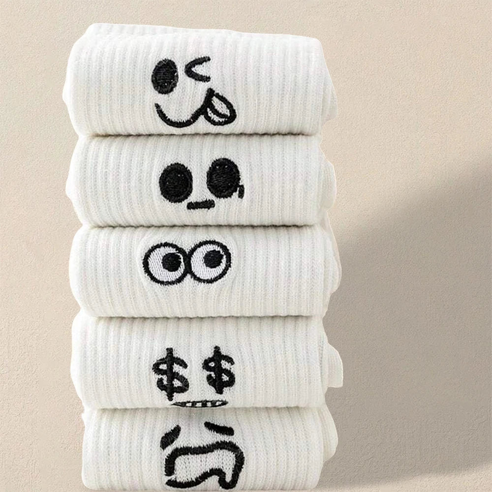 5/10/20 Pairs Men White Cartoon Socks Trendy Versatile Expression Socks With Simple Soft Breathable Comfortable Casual Socks - Clikcy
