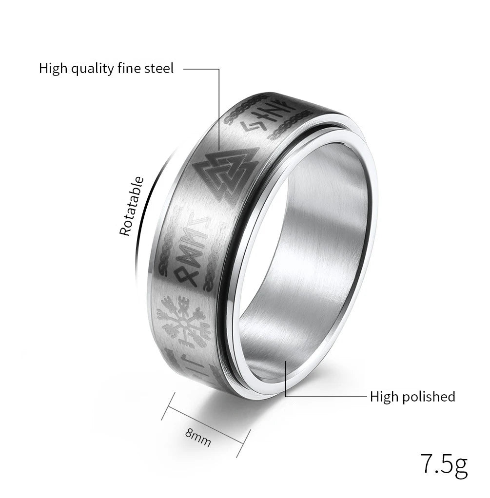 Fashion Stainless Steel Rotate Rotating Anxiety Fidget Rings For Men Vintage Odin Norse Viking Amulet Rune Ring Jewelry Gifts - Clikcy