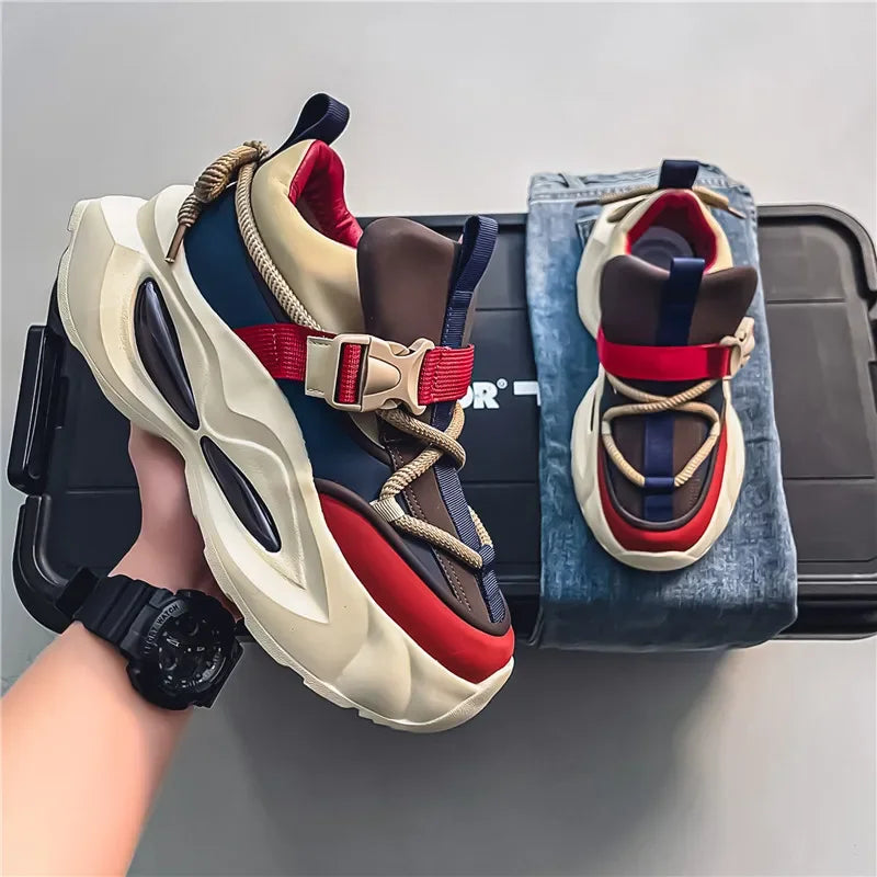 Waterproof Thick Bottom Dad Shoes Outdoor Sports Black Leather Surface Pure Color Spring Autumn Seasonal Style Casual Sneakers