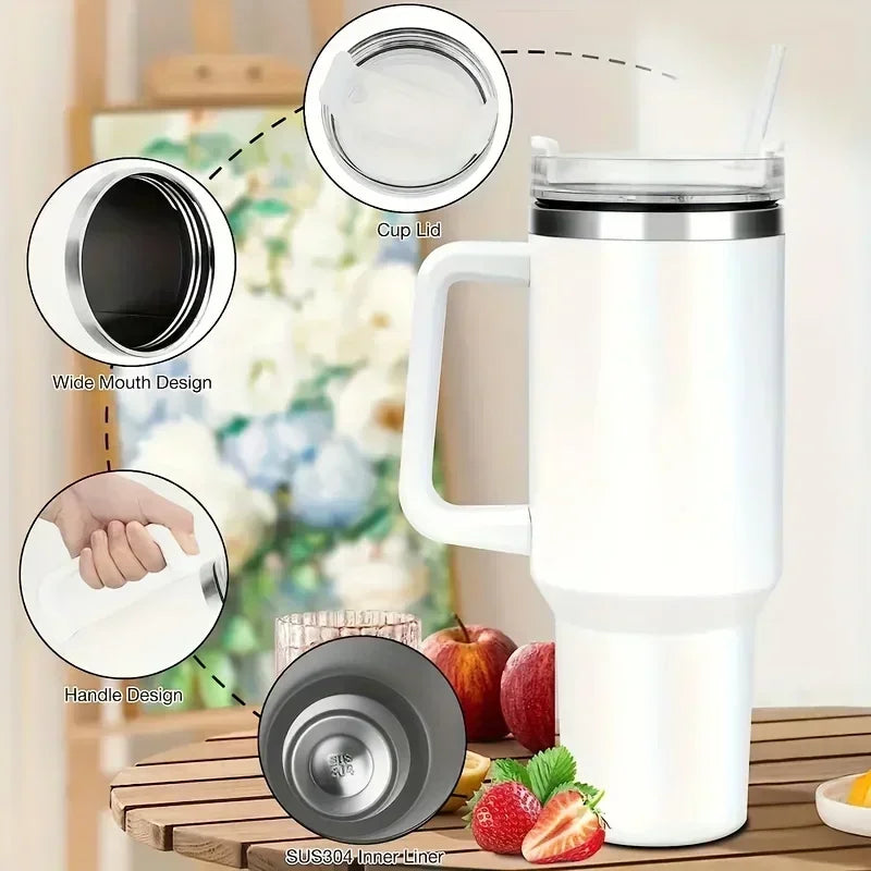 40oz 304 Stainless Steel Insulated Water Bottle,Thermal Coffee Car Cup, Cold Hot Mugs Vacuum Flask With Handle Straw,For Sport - Clikcy