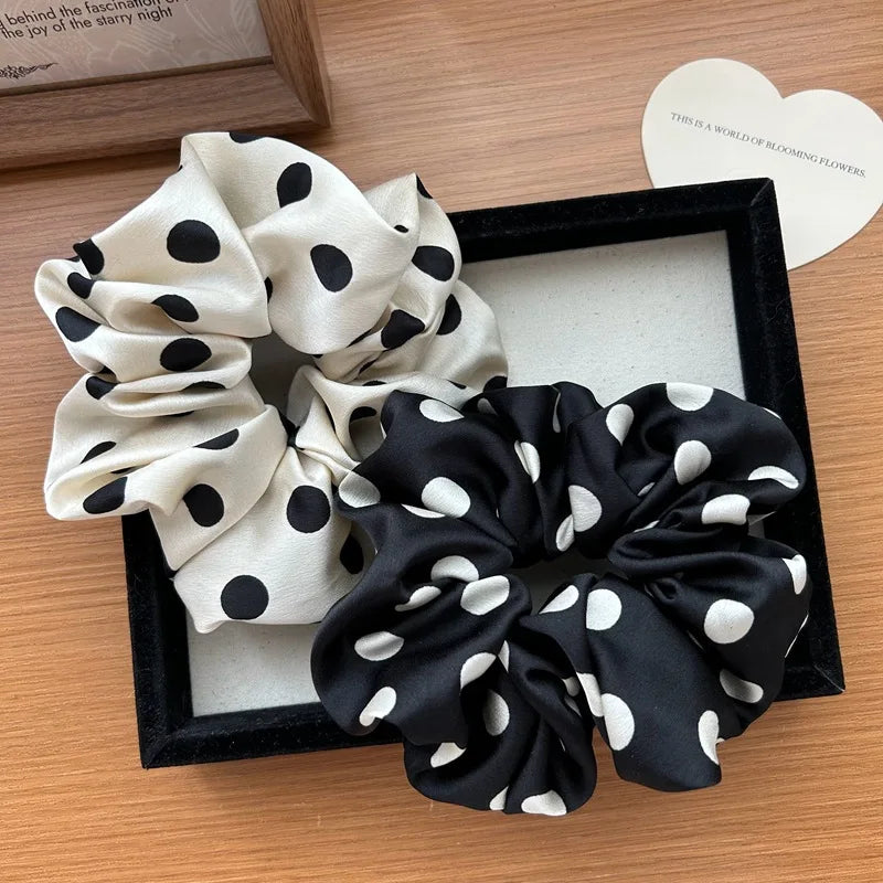 Korea Fashion Dot Satin Scrunchies For Women White big Hair Bands Elastic Silk Hair Tie Girls Black ponytail holder hair rope - Clikcy