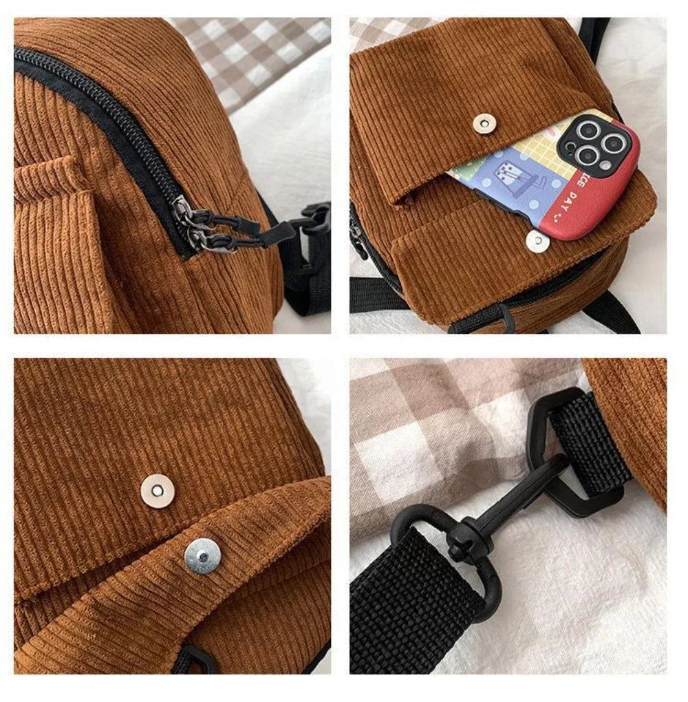 Women's Mini Backpack Fashion Solid Color Corduroy Small Simple Casual Traveling Large Capacity Durable Female's Schoolbag - Clikcy