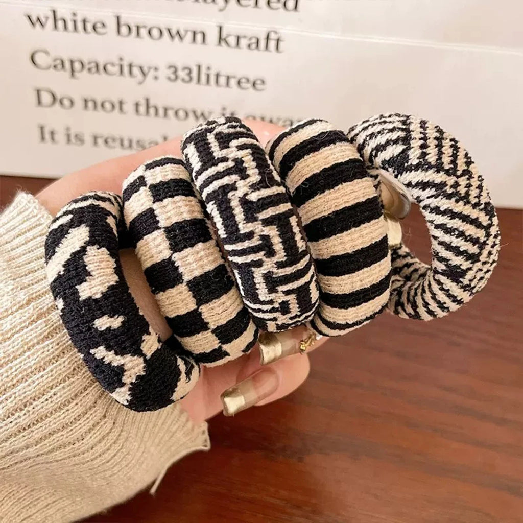 5pcs simple and versatile high-stretch black and white checkered traceless hair ring - Clikcy