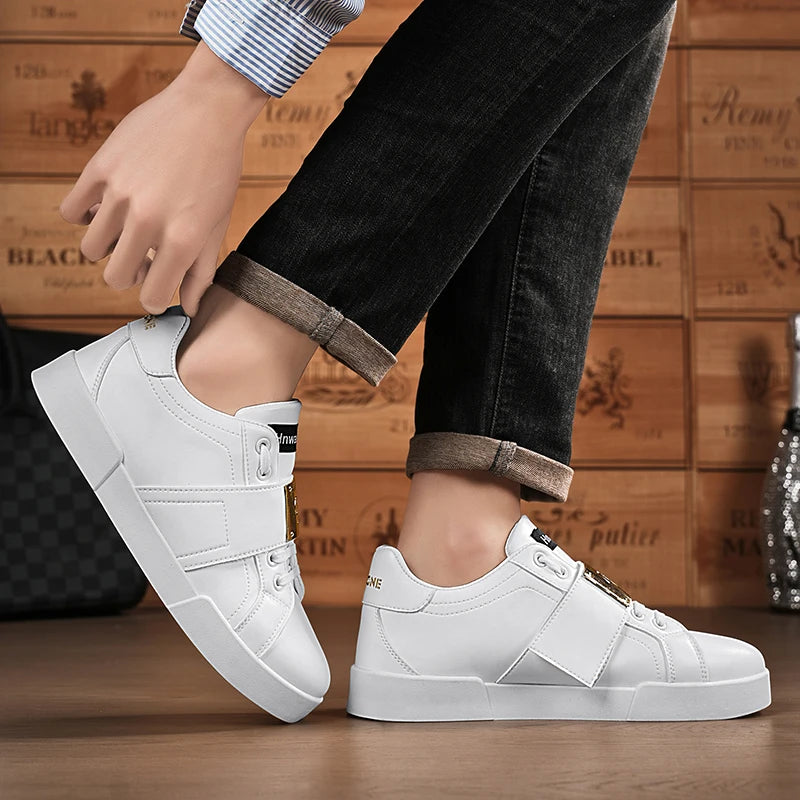 HKDQ Classic Black Sneakers For Men Fashion Design Leather Casual Sneakers Man Street Style Comfortable Men's Skateboard Shoes