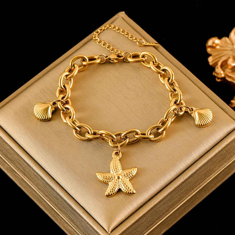 EILIECK 316L Stainless Steel Gold Color Starfish Shells Charm Bracelet For Women New Trendy Wrist Chain Jewelry Holiday Gifts - Clikcy