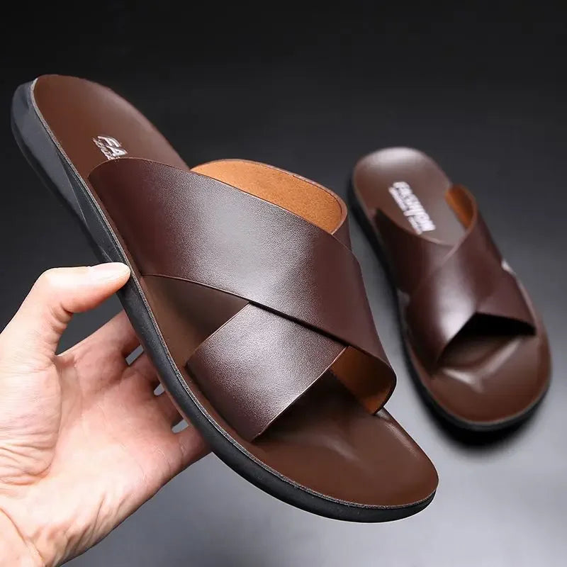 Slippers Men's Cross-Strap Slippers Flat Home Men Slippers Comfortable Soft Sole Leather Casual Shoes Bathroom Slipper Pantuflas - Clikcy