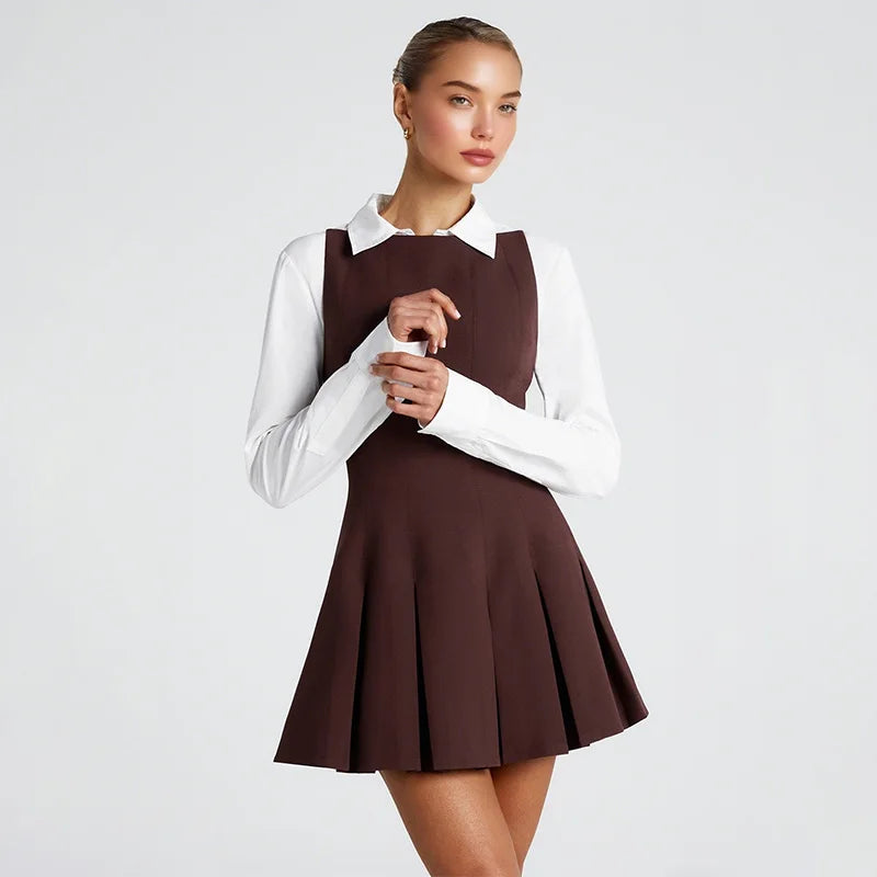 Vintage Brown Mini Halter Dress Backless Hem Pleated A Line Robes Sleeveless Party Robes 2025 New Lady Holiday Banquet Dresses - Clikcy