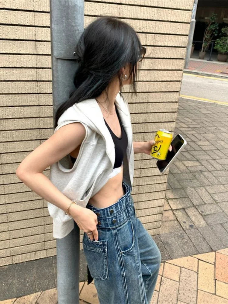 2024 Zipper Pocket Design Women Crop Top Y2k Aesthetic Vintage Grunge Solid Hoodies Japanese Streetwear Hooded Tee Shirts Summer - Clikcy