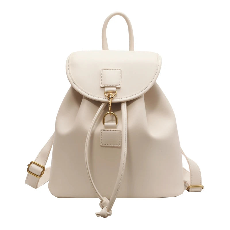 Genuine PU Leather Backpack Female Large Capacity Casual School Bag Solid Drawstring Travel Shoulder Bag Korean Fashion Backpack - Clikcy
