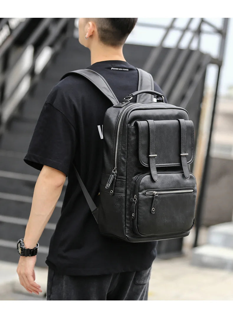 Simple Fashion Men's Backpack Soft Pu Leather Backpack Men Large Capacity 14inch Laptop Bag Students Schoolbags Travel Back Pack - Clikcy